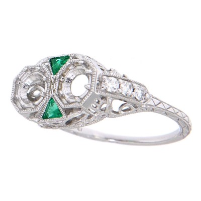 2 - 5mm Stone Filigree Semi Mount Diamond Ring emerald 14kt White Gold - FR-1846-E-D-SEMI-WG