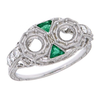 2 - 5mm Stone Filigree Semi Mount Diamond Ring emerald 14kt White Gold - FR-1846-E-D-SEMI-WG