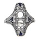 Art Deco Style Two Stone Semi Mount Ring w/ Sapphire Accents Sterling Silver - FR-1847-S-SEMI