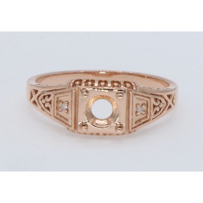 5mm Semi Mount Art Deco Style 14kt Rose Gold Filigree Ring w/ 2 Diamonds