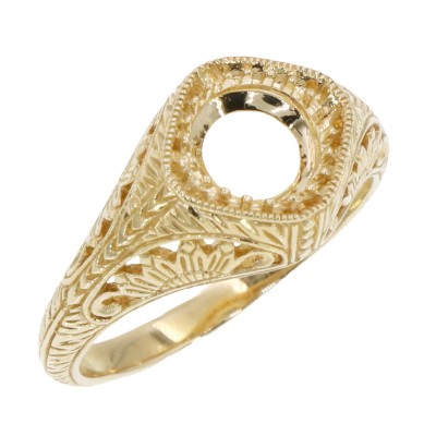 Semi Mount for 6.5mm Round Gemstone Art Deco Style 14kt Yellow Gold Filigree Vintage Inspired Ring - FR-1850-SEMI-YG