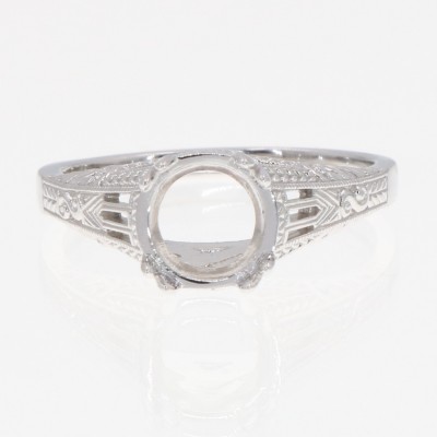 14kt White Gold Semi Mount For 7.5mm Gemstone Antique Style Solitaire Filigree Ring - FR-1856-SEMI-WG
