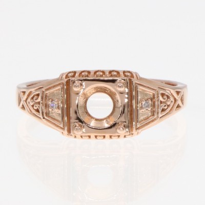 6mm Semi Mount Art Deco Style 14kt Rose Gold Filigree Ring w/ 2 Diamonds - FR-1857-SEMI-RG