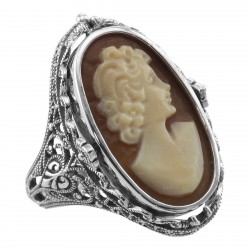 Antique Style Cameo / Onyx Filigree Flip Ring w / Diamond - Sterling Silver
