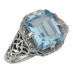 Antique Style 2 1/2 Carat Blue Topaz Filigree Ring - Sterling Silver