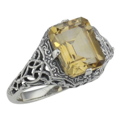 Art Deco Emerald Cut Genuine Citrine Filigree Ring - Sterling Silver - FR-193-C