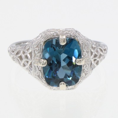 Art Deco Style 2 Carat Natural London Blue Topaz Filigree Ring - 14kt White Gold - FR-193-LBT-WG