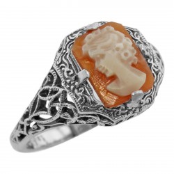 Hand Carved Italian Shell Cameo Filigree Ring - Sterling Silver
