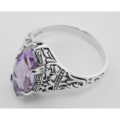 Antique Style Amethyst Filigree Ring - Sterling Silver - FR-194-AM
