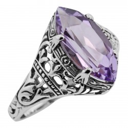 Antique Style Amethyst Filigree Ring - Sterling Silver