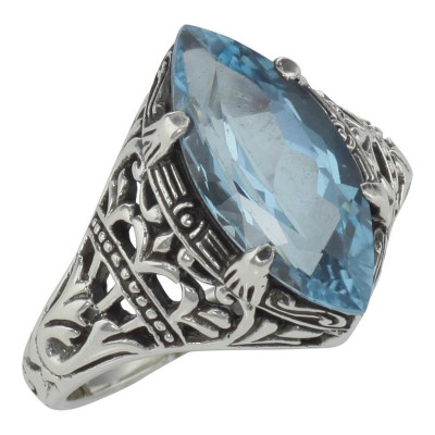 Antique Style Genuine Blue Topaz Filigree Ring Sterling Silver 