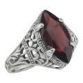 Art Deco Style Genuine Red Garnet Filigree Ring - Sterling Silver