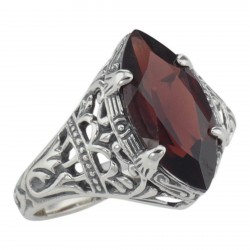 Art Deco Style Genuine Red Garnet Filigree Ring - Sterling Silver