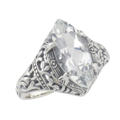 Victorian Style White Topaz Filigree Ring - Sterling Silver - FR-194-WT