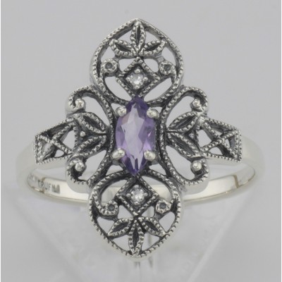 Victorian Style Amethyst Filigree Ring with Two Diamonds - Sterling Silver - FR-199-AM