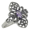 Victorian Style Amethyst Filigree Ring with Two Diamonds - Sterling Silver
