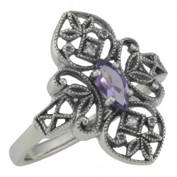 Victorian Style Amethyst Filigree Ring with Two Diamonds - Sterling Silver