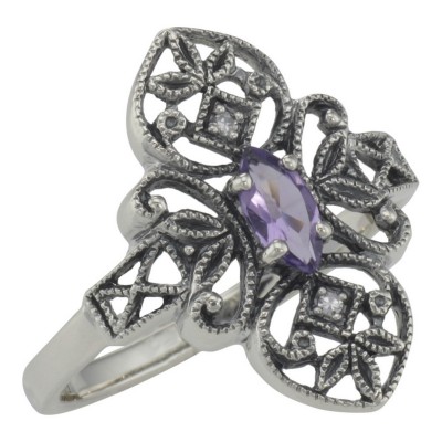 Victorian Style Amethyst Filigree Ring with Two Diamonds - Sterling Silver - FR-199-AM