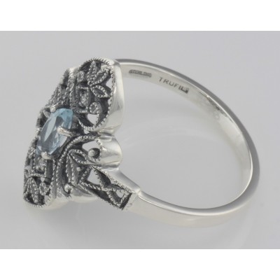 Victorian Style Blue Topaz Filigree Ring with Two Diamonds - Sterling Silver - FR-199-BT
