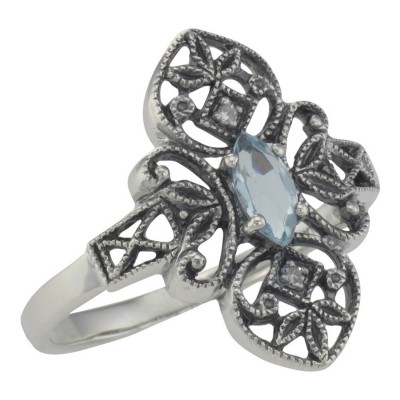 Victorian Style Blue Topaz Filigree Ring with Two Diamonds - Sterling Silver - FR-199-BT