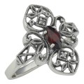 Victorian Style Garnet Filigree Ring w/ Two Diamonds Sterling Silver