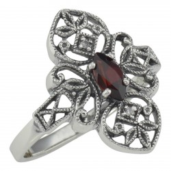 Victorian Style Garnet Filigree Ring w/ Two Diamonds Sterling Silver