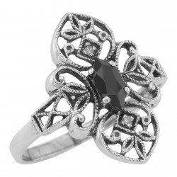 Victorian Style Onyx Filigree Ring with Two Diamonds - Sterling Silver