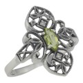 Victorian Style Peridot Filigree Ring with Two Diamonds - Sterling Silver