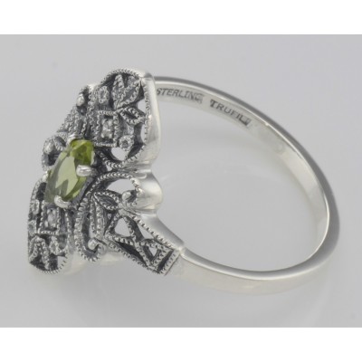 Victorian Style Peridot Filigree Ring with Two Diamonds - Sterling Silver - FR-199-P