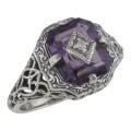Art Deco Style Emerald Cut Amethyst Filigree Ring Diamond Sterling Silver