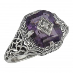 Art Deco Style Emerald Cut Amethyst Filigree Ring Diamond Sterling Silver