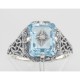 Art Deco Style Emerald Cut Blue Topaz Filigree Ring Diamond Sterling Silver - FR-200-BT