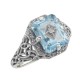 Art Deco Style Emerald Cut Blue Topaz Filigree Ring Diamond Sterling Silver - FR-200-BT