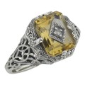 Victorian Style Golden Citrine Filigree Diamond Ring Sterling Silver