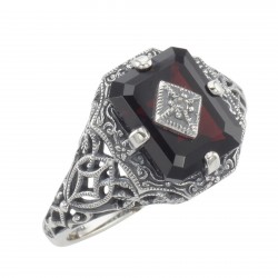 Art Deco Style Emerald Cut Garnet Filigree Ring w/ Diamond Sterling Silver