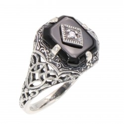 Black Onyx Filigree Ring w/ Diamond Art Deco Style - Sterling Silver