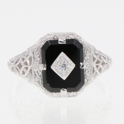 Black Onyx Filigree Ring w/ Diamond Art Deco Style - 14kt White Gold - FR-200-O-WG