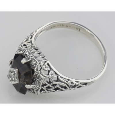 Antique Victorian Style Smoky Topaz Filigree Diamond Ring Sterling Silver - FR-200-SM