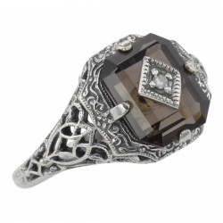 Antique Victorian Style Smoky Topaz Filigree Diamond Ring Sterling Silver