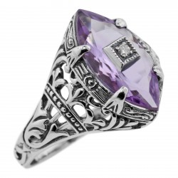 Amethyst Filigree Ring w/ Diamond - Sterling Silver