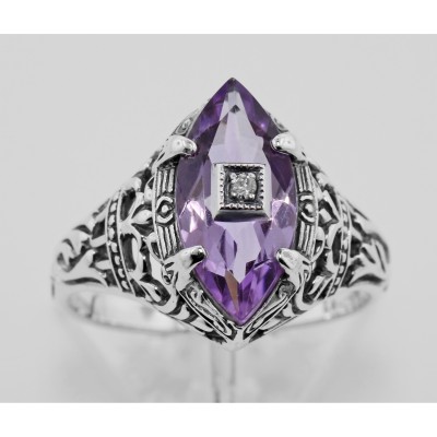 Amethyst Filigree Ring w/ Diamond - Sterling Silver - FR-201-AM