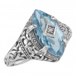 Sterling Silver Blue Topaz Filigree Ring w/ Diamond