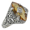 Antique Victorian Style Citrine Filigree Ring w/ Diamond - Sterling Silver