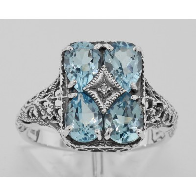 Art Deco Blue Topaz with Diamond Filigree Ring - Sterling Silver - FR-237-BT
