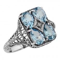 Art Deco Blue Topaz with Diamond Filigree Ring - Sterling Silver