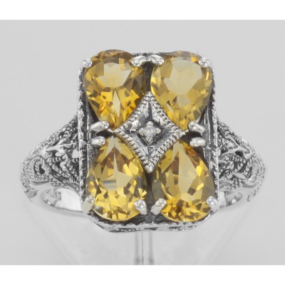 Unique Four Stone Genuine Citrine and Diamond Filigree Ring Sterling Silver - FR-237-C