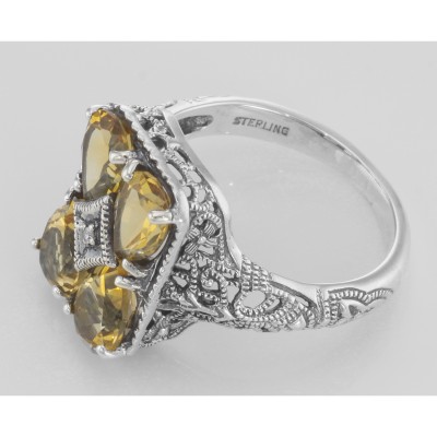 Unique Four Stone Genuine Citrine and Diamond Filigree Ring Sterling Silver - FR-237-C Unique Four Stone Genuine Citrine and Diamond Filigree Ring Sterling Silver - FR-237-C