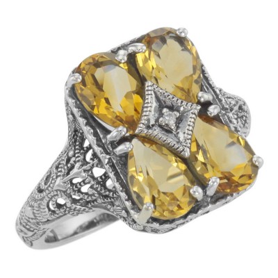 Unique Four Stone Genuine Citrine and Diamond Filigree Ring Sterling Silver - FR-237-C