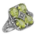 Four Stone Genuine Peridot and Diamond Filigree Ring - Sterling Silver
