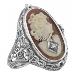 Cameo / Onyx w/ Diamonds Filigree Flip Ring - Sterling